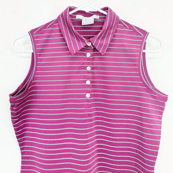 Nike Dri-Fit Magenta Stripe Sleeveless Quarter Button Performance Golf Shirt - Picture 6 of 16